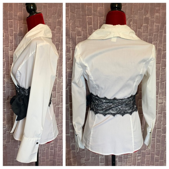White Poplin & Black Lace Wrap Shirt - Picture 2 of 11